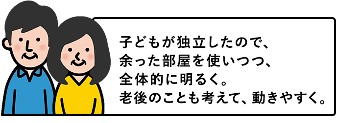 子どもが独立したので、余った部屋を使いつつ、全体的に明るく。老後のことも考えて、動きやすく。