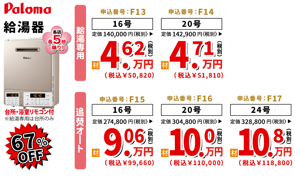 69%OFF Paloma 給湯器(給湯専用/追焚オート)